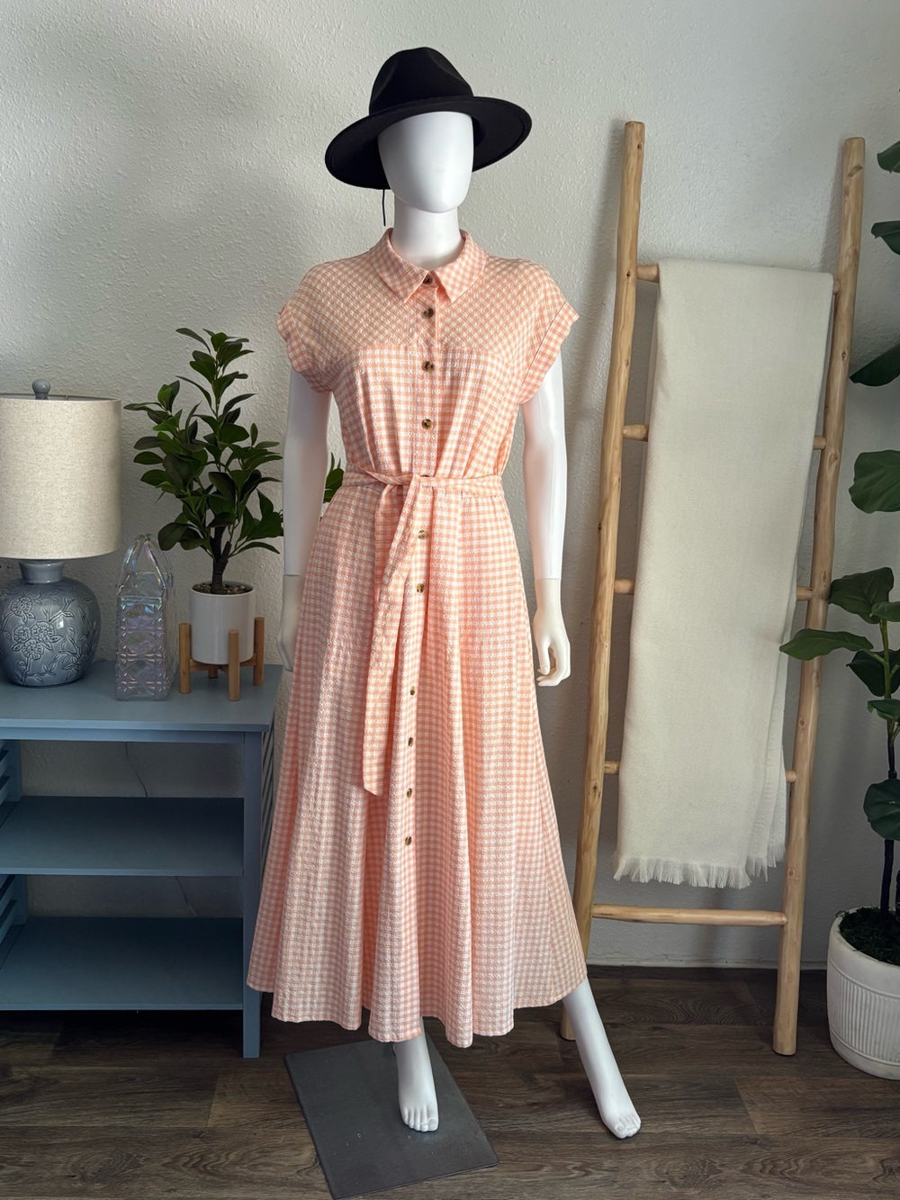 Calvin Klein Peach and White Gingham Blouse